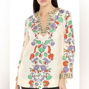 Tory Burch Ivory Paisley Floral Embellished Tunic with Jewels